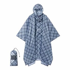 Blue Water-Resistant Plaid Hooded Rain Poncho With Matching Carry Pouch NWOT